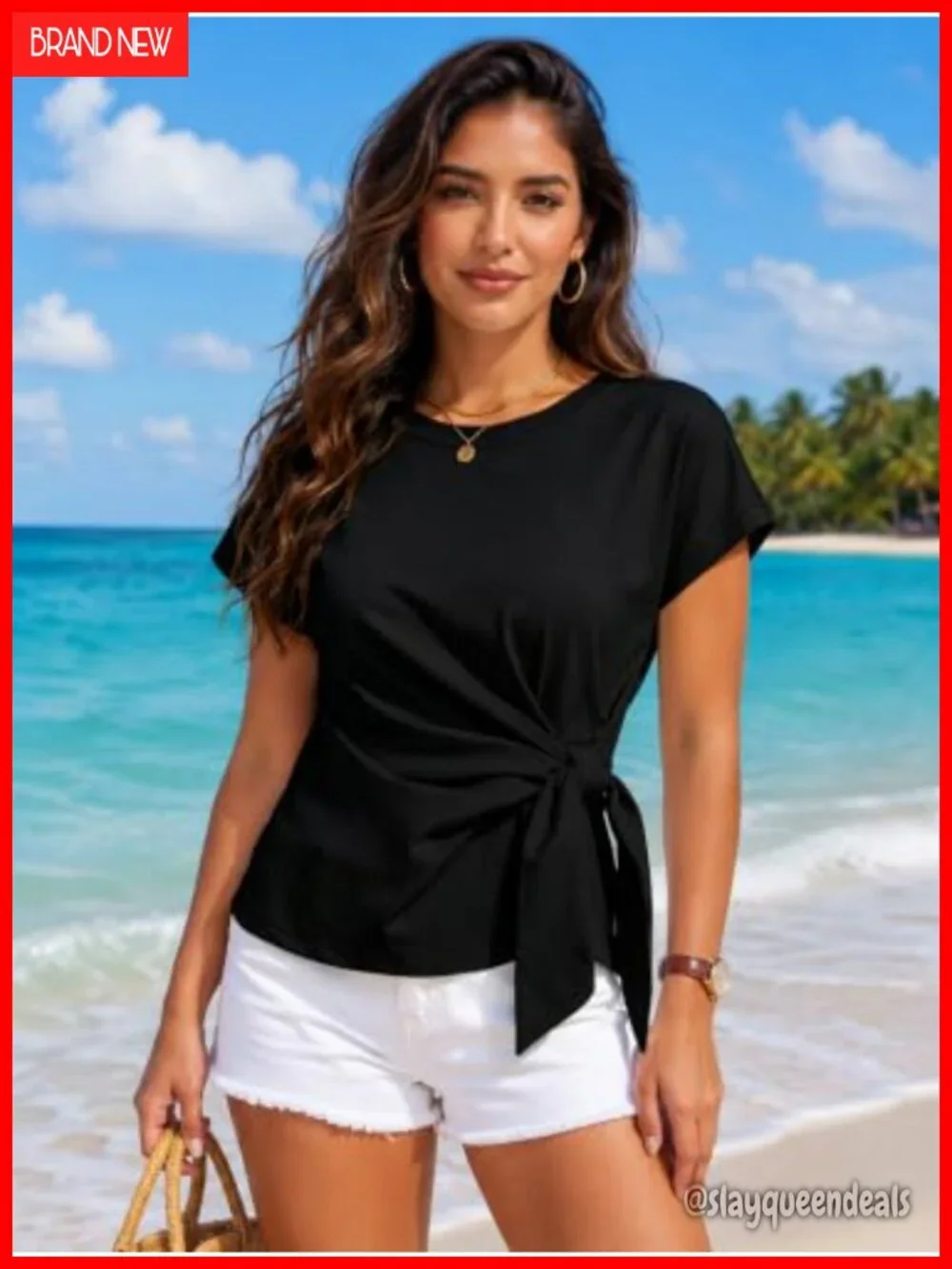 Cap Sleeve Tie Waist Wrap Top Blouse Crew Neck Dressy Casual Loose Fit Work Tee - Picture 3 of 6
